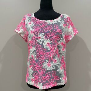 Anthropologie Meadow Rue Sheer Top White Floral Embroidery with Hot Pink Ribbon